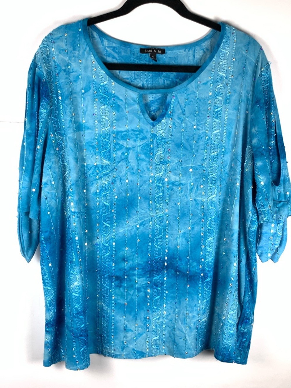 Sami & Jo Womens Top XL Blue Sequin Embellished Slit Tie Sleeve Stretch - Picture 3 of 14